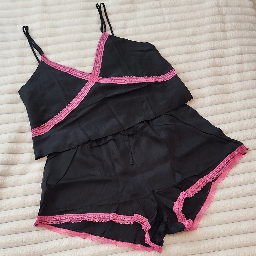 PINK Victoria's Secret Satin Black and Pink Lace Trim Cami & Short PJ Set